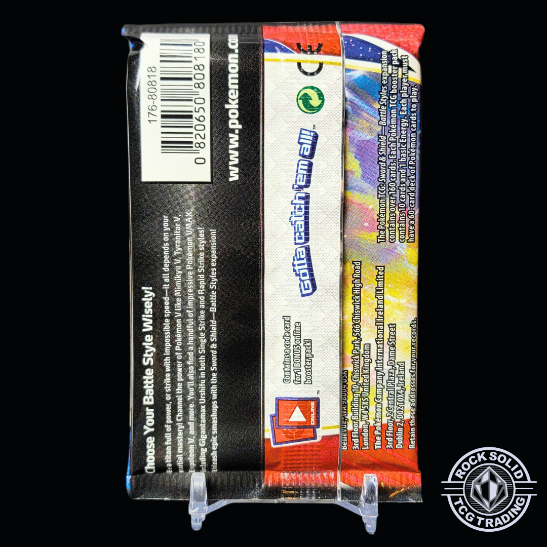 Pokemon Battle Styles Booster Pack Booster Pack showing the back side sold by Rock Solid TCG Trading LLC